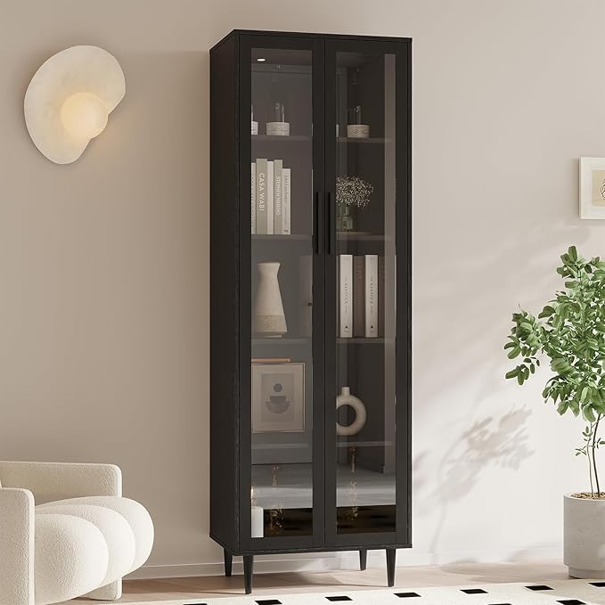 TUSY 70.9“ H Bookshelf with Glass Doors, 5-Tier Display Curio Cabinet with Drawers, Narrow Display Bookcase for Home, Office, Clinic, Pantry (Black, C)