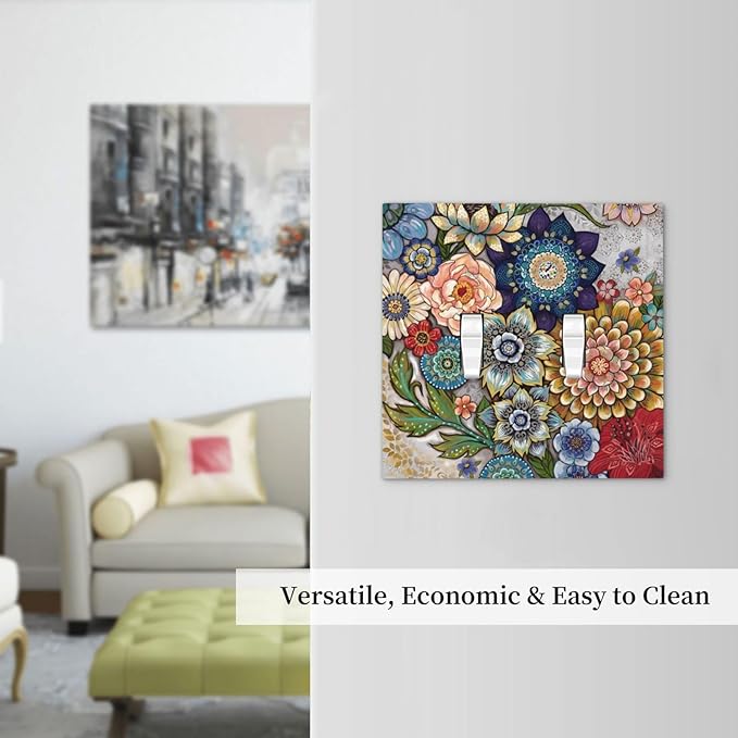 Boho Floral Colorful Floral Multi Color Flower Decorative Switch Plates 2 Gang Double Toggle Outlet Light Switch Cover Wall Plate Electrical Faceplate for Bedroom Living Room Home Decor