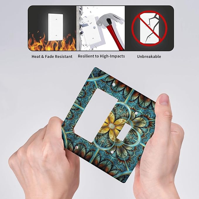 Light Switch Cover Boho Fractal Mandala 2 Gang Toggle Rocker Combo Wall Plates Bohemia Decorative Switch Plates and Outlet Covers Receptacle Cover for Bathroom Bedroom Decor