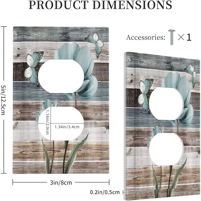 Rustic Vintage Teal Floral Barn Wood 1 Gang Duplex Outlet Covers Decorative Single Electrical Receptacle Wall Plate Turquoise Flower Butterfly Light Switch Cover Plate for Farmhouse Bathroom
