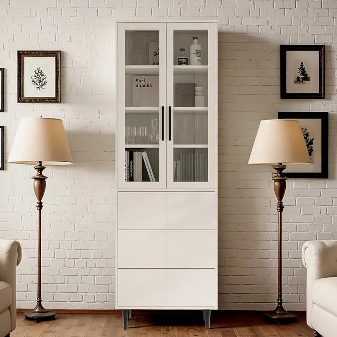 TUSY 70.9“ H Bookshelf with Glass Doors, 5-Tier Display Curio Cabinet with Drawers, Narrow Display Bookcase for Home, Office, Clinic, Pantry (White, B)