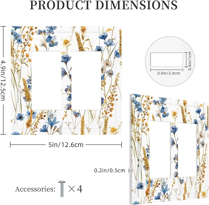 Vintage Wildflower Blue Gold Country Fall Wheat Floral Decorative Outlet Covers 2 Gang Double GFCI Rocker Electrical Wall Panels Light Switch Cover Plate for Bedroom Living Room Decor