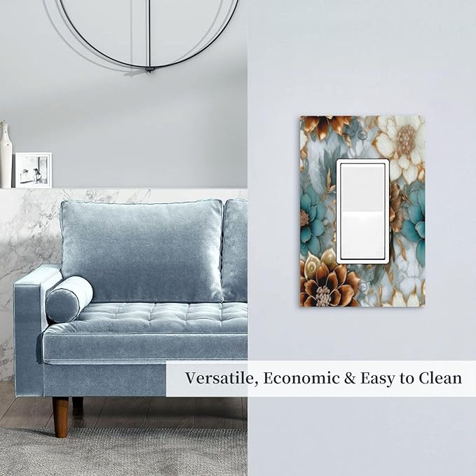 Vintage Marble Floral Gold/Green/White Metal Flowers Outlet Covers Single Rocker Light Switch Covers Decorative 1 Gang Gfci Wall Plate Electrical Receptacle Switchplate Plug Faceplate Bathroom
