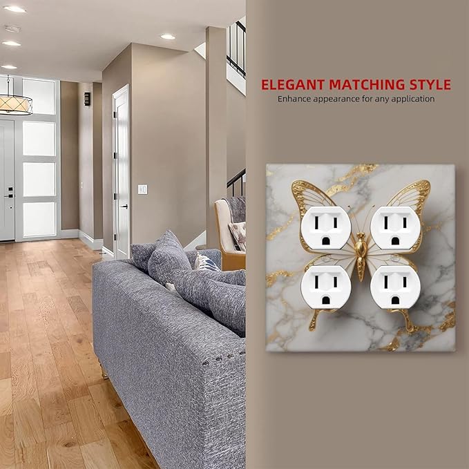 Gold Marble Shine Butterfly Abstract Modern Print Outlet Covers 2 Gang Double Duplex Decorative Light Switch Covers Electrical Wallplates Socket Faceplate for Bed Room Bathroom Decor