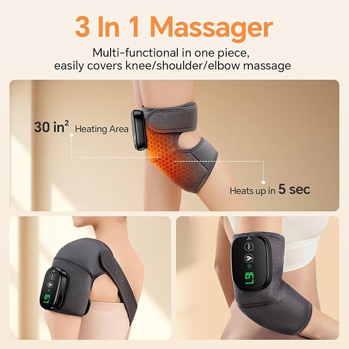 Foot Massager with Heat, Knee Shoulder Elbow 3 in 1 Feet Massager, Heated Knee Massager, Shoulder Massager with Heat Vibration, 210 mins Battery, Cordless Portable, Touchscreen Control (Grey)