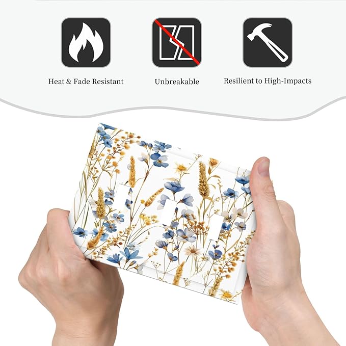 Vintage Wildflower Blue Gold Country Fall Wheat Floral Decorative Switch Plates 3 Gang Wall Plate Triple Toggle Light Switch Cover Faceplate Electrical Wall Panels for Bedroom Living Room Decor