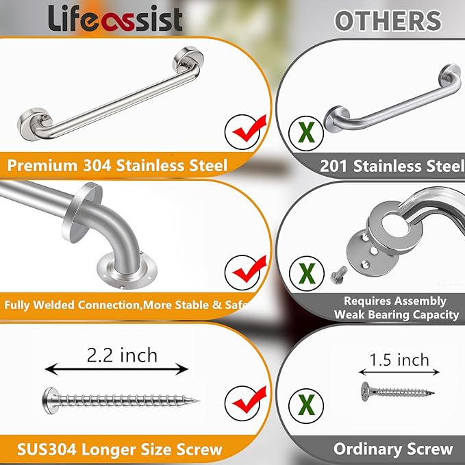 2 Pack Grab Bars for Bathroom, 18 Inch Chrome Stainless Steel Shower Grab Bar, Concealed Screw Balance Assist Safety Bath Handrail, 500lbs Support Shower Handle for Handicap, Elderly, Injury