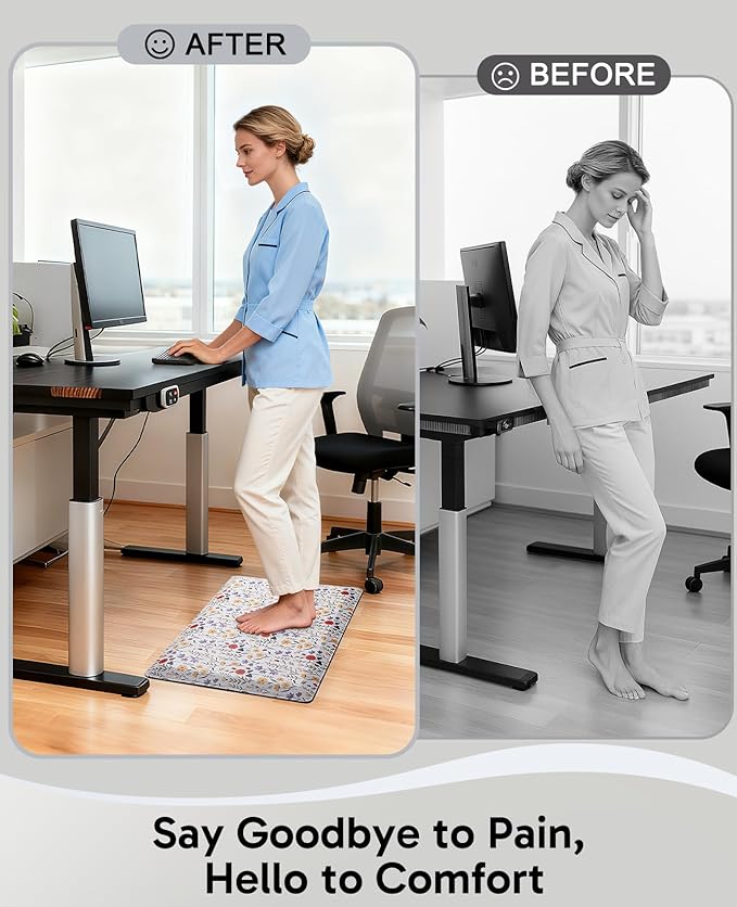 Ophanie Kitchen Mats for Floor, 3/4 inch Thick, 20x32 Anti Fatigue Cushioned Mat, Kitchen Rugs, Waterproof, Comfort Ergonomic Standing Mat for Office, Home, Sink, White Flower Non-Slip Ridged Bottom