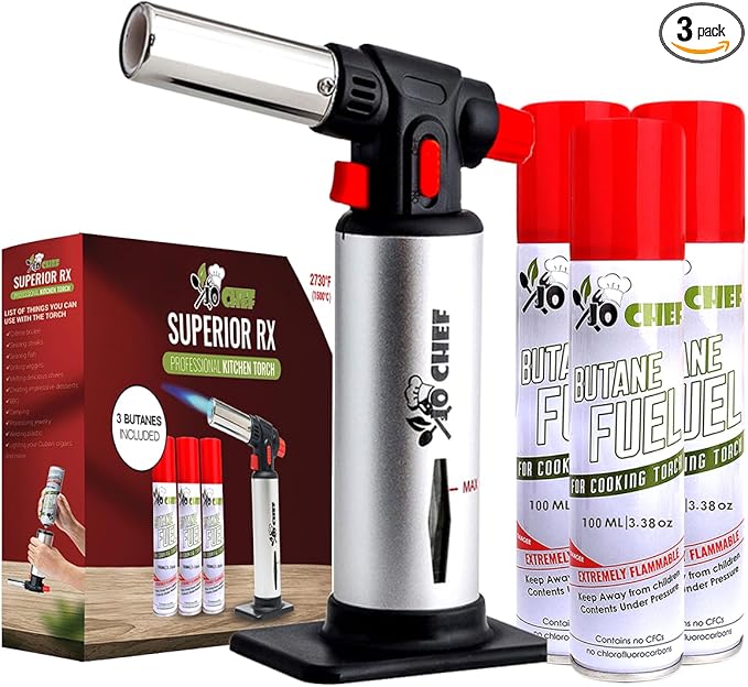 Jo Chef Kitchen Torch With Butane included, Refillable Butane Torch, Creme Brulee Torch, Blow Torch Lighter gun With Safety Lock & Adjustable Flame, 3 Cans (3.38oz) Included