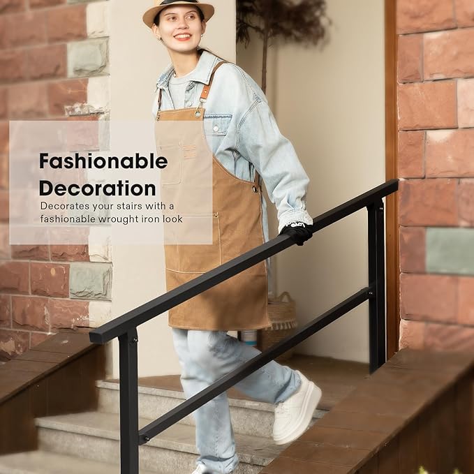 VIVOSUN Outdoor Handrail, 5 Step Stair Handrai, 69" x 36" Fits 1 to 5 Steps, Wrought Mattle Iron Handrail for Concrete Steps, Porch Steps, One-Step Assembly, Black