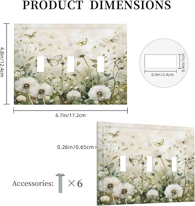 Dandelions Butterflies Watercolor Wildflowers Floral Decorative Switch Plates 3 Gang Wall Plate Triple Toggle Light Switch Cover Faceplate Electrical Wall Panels for Bedroom Living Room Decor