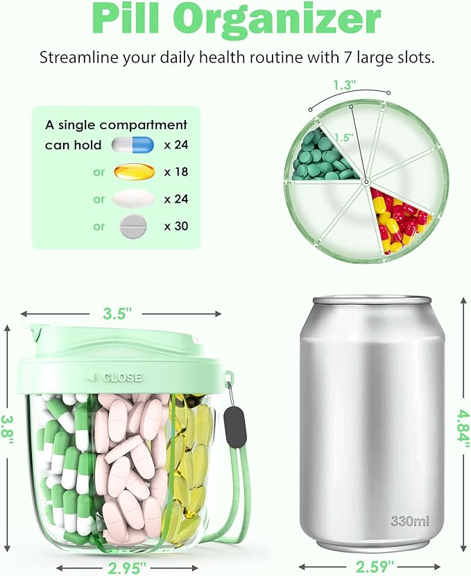 Cute Pill Organizer,Pill Dispenser with 7 Large Compartments,Portable Pill Bottle Box with Wide Opening for Easy Use, Anti-Mix Pills Organizer for Travel,Includes 20 Pcs Sticky Labels（Green）