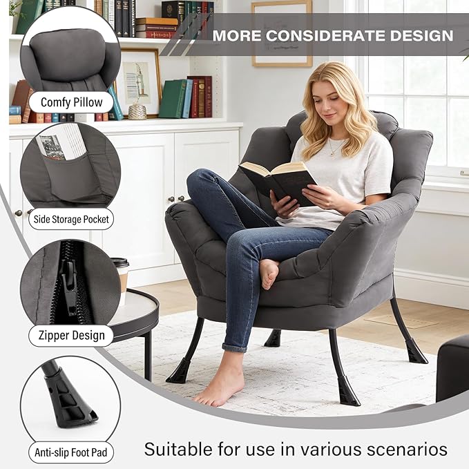 Lazy Chair, Modern Accent Lounge Reading Chair with Armrests, Side Pocket & Metal Frame, Comfy Leisure Chair for Living Room, Bedroom, Dorm & Office, Dark Grey