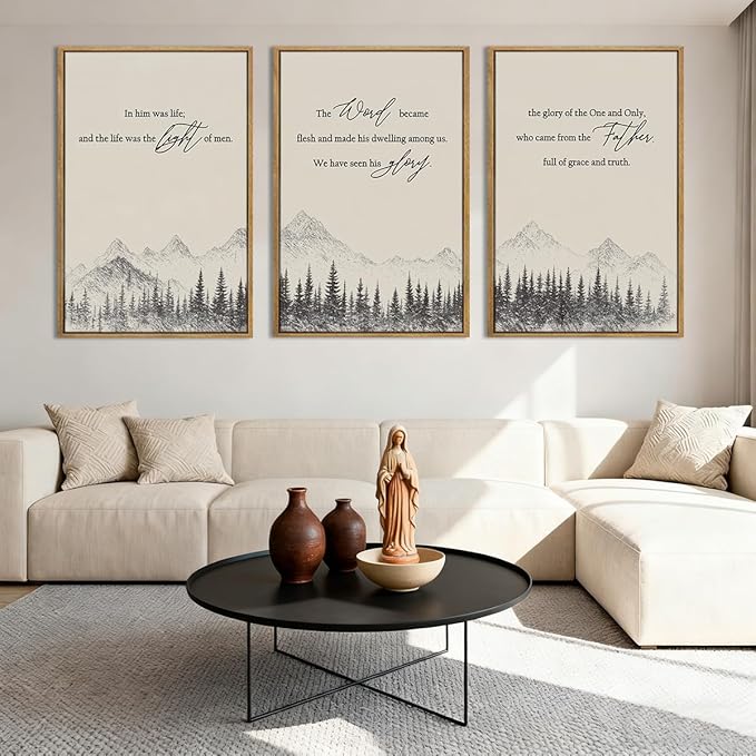 IARTTOP Large Christian Framed Wall Art 16x24 Inch Neutral Mountain Forest Canvas Wall Decor Jesus Bible Verse Catholic Biblical Scripture Prints for Prayer room Living room Set of 3