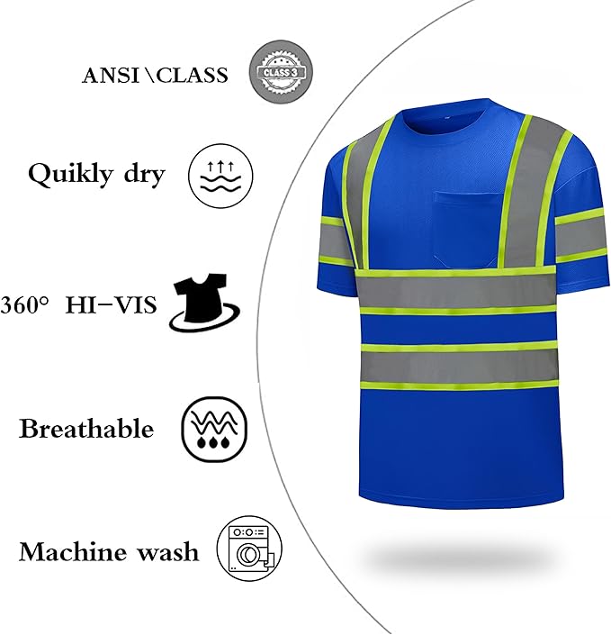 High Visibility Shirts Quick Dry Safety T Shirts with Reflective Strips and Pocket Short Sleeve Mesh Hi Vis Construction Work Class 2 Shirt for Men/Women Blue,Large