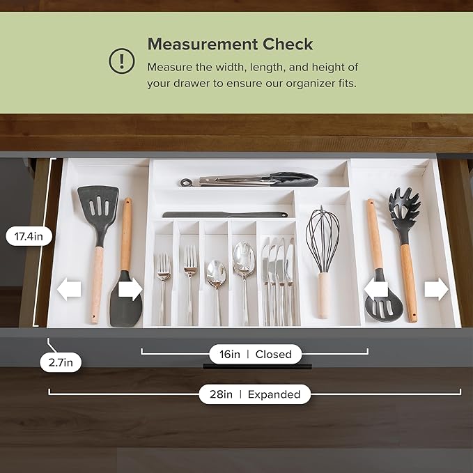 KitchenEdge Premium Silverware, Flatware and Utensil Organizer for Kitchen Drawers, Food-Safe Contract Grade, Expandable from 16 to 28 In, White Bamboo
