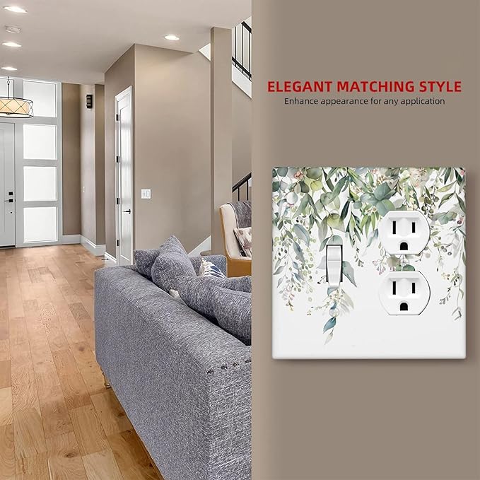 Sage Green Watercolor Eucalyptus Leaves Floral Flowers Wallplates 1 Toggle 1 Duplex Switch Plate Electrical GFCI Faceplate Decorative Light Switch Covers for Farmhouse Bed Room Decor