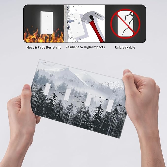 Misty Forest Nature Tree Mountain Birds Light Switch Covers Quad Toggle Electrical Faceplate 4 Gang Wall Plate Decorative Switch Plates for Bed Room Living Room Decor