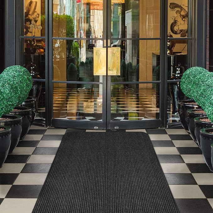 House, Home and More Indoor Outdoor Double-Ribbed Carpet Runner with Skid-Resistant Rubber Backing - Smokey Black - 4 Feet x 30 Feet