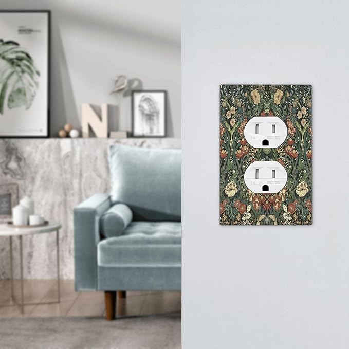 Outlet Covers Vintage Dark Floral William Morris Green Flower 1 Gang Duplex Wall Plate Decorative Switch Plates Electrical Receptacle Faceplate Light Switch Cover for living Room Home Decor