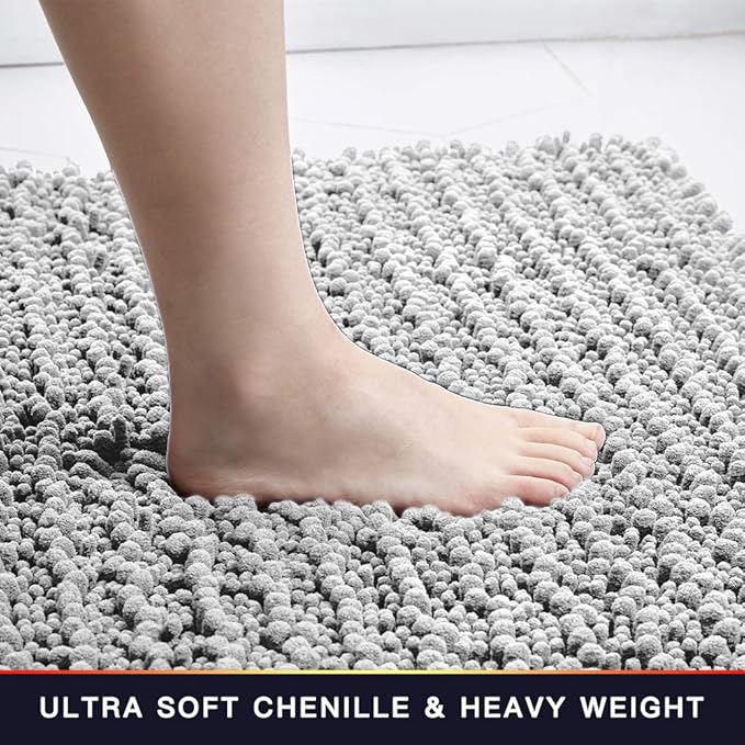 Walensee Large Bathroom Rug Non Slip Bath Mat (24x60 Inch Light Grey) Water Absorbent Super Soft Shaggy Chenille Machine Washable Dry Extra Thick Perfect Absorbant Best Plush Carpet for Shower Floor