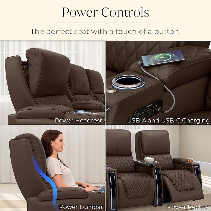 Seatcraft Apex Home Theater Seating, Living Room, Powered Headrest, Powered Lumbar, Powered Recline, Italian Leather, USB Charging, Single Recliner, Brown