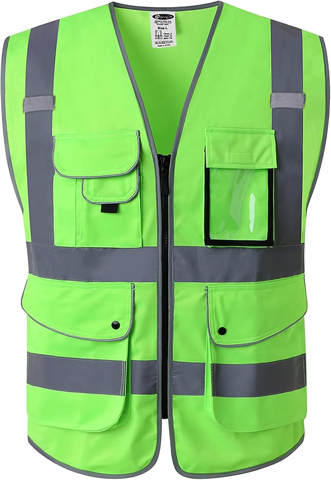 JKSafety 9 Pockets Class 2 High Visibility Zipper Front Safety Vest With Reflective Strips, Meets ANSI/ISEA Standards (Medium, 150-Green)