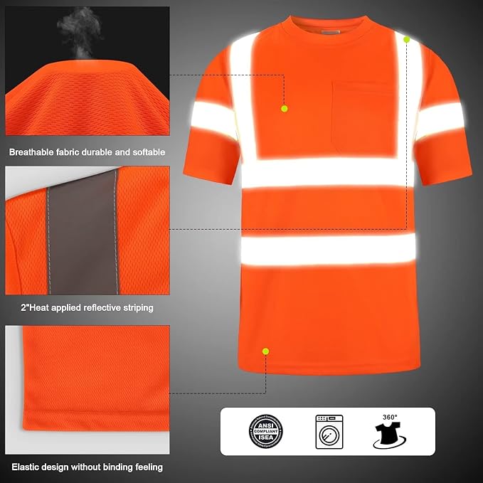 High Visibility Class 3 T Shirts，Hi Vis Safety Shirts with Reflective Strips and Pocket, Short Sleeve Quick Dry Mesh Construction Work Shirt for Men/Women Orange,3XL
