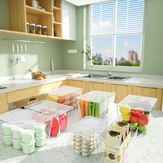 BALEINE Clear Stackable Storage Bins with Lids, Plastic Containers with Handle for Pantry Organizers and Storage, Plastic Bins for Fridge, Kitchen, Bathroom, Cabinet (13x7.4x7, 6PK)