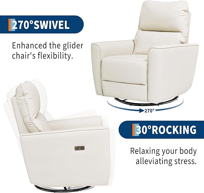 Power Recliner Chair Swivel Glider Faux Leather Upholstered Nursery Rocker Reclining Sofa Chair with Charging Port, Curved Armrests & Padded Backrest for Living Room and Bedroom(Power Beige)