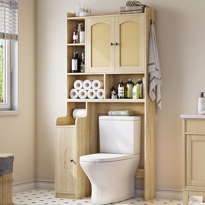 Itaar Over The Toilet Storage Cabinet, Farmhouse Rattan Bathroom Cabinet, Over Toilet Bathroom Organizer with Rattan Barn Doors & Toilet Paper Holder Stand, for Restroom, Laundry