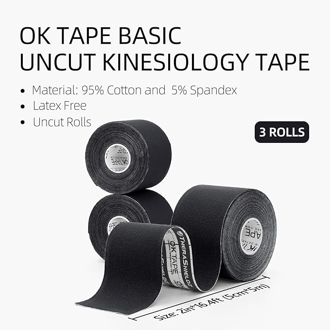 OK TAPE Regular Kinesiology Tape (3 Pack), Original Cotton Athletic Tape for Support Muscle Joint Knee, Sports Waterproof Tape Uncut Strips Latex Free, Hypoallergenic, 2in×16.4ft - Black