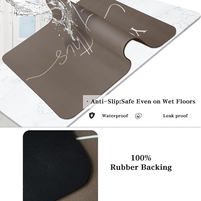 Bath Mat - Super Absorbent Non Slip Quick Dry Thin Rubber Mats for Bathroom Floor, Fit Under Door, Shower Rug for Bathtub, Beige