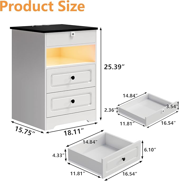Night Stand with Charging Station,Bedside Table with Gun Drawer,Farmhouse End Table and Nightstand,Small SideTable for Bedroom (White-with Gun Drawer, 1-Pcs)