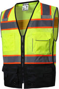 SKSAFETY 10 Pockets Professional level Safety Vest, Class 2 High Visibility Security Vest with Zipper, Hi Vis Vest with Reflective Strips, ANSI/ISEA Standard, Construction Work Vest（Lime Black, 3XL）