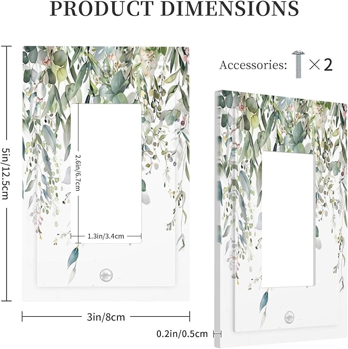 Sage Green Watercolor Eucalyptus Leaves Floral Flowers Decorative Outlet Covers 1 Gang Single Rocker Light Switch Cover Plate Wall Plates GFCI Faceplate for Farmhouse Bed Room Decor
