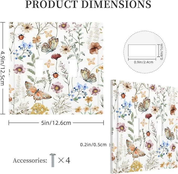 Boho Multicolor Flower Butterfly Insect Floral Decorative Switch Plates 2 Gang Double Toggle Outlet Light Switch Cover Wall Plate Electrical Faceplate for Bedroom Living Room Decor