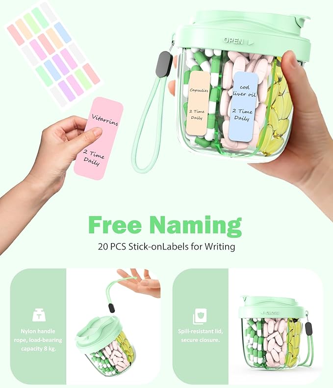 Cute Pill Organizer,Pill Dispenser with 7 Large Compartments,Portable Pill Bottle Box with Wide Opening for Easy Use, Anti-Mix Pills Organizer for Travel,Includes 20 Pcs Sticky Labels（Green）