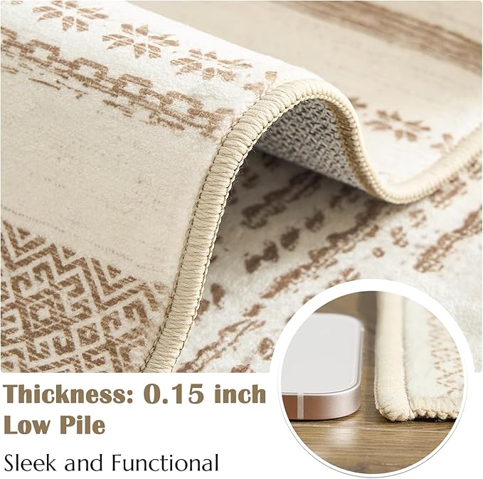 jinchan Boho 4x6 Area Rugs - Machine Washable Moroccan Soft Throw Rug Bohemian Ripple Design Non-Slip Neutral Carpet for Bedroom Entryway Living Room Kitchen Dining Room Home Office (4‘x6', Beige)