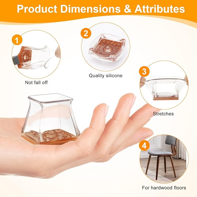 CHUNZEXI 24 Pack Square Chair Leg Floor Protectors for Hardwood Floors, Silicone Felt Covers Pads Caps, Protect Wood Furniture Feet Floors Noise Reduce and Scratch (Square Large & Clear)