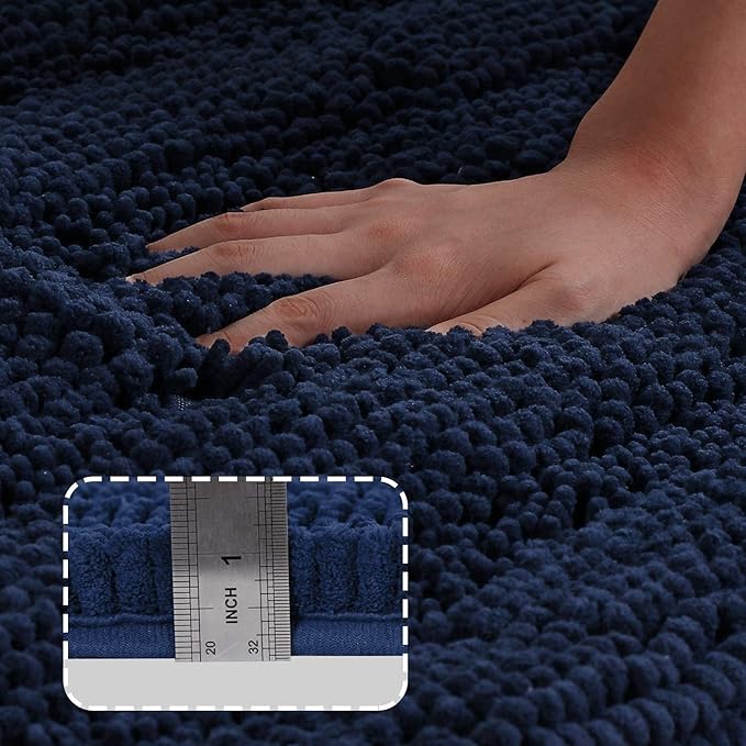 Turquoize Chenille Bathroom Rugs Set Non-Slip Bath Mats for Bathroom Super Absorbent Shaggy Rugs for Tub Shower Toilet Plush Bath Rug Plus U Contour Rug (Oversized: 24" x 36" and 20" x 24" U), Navy