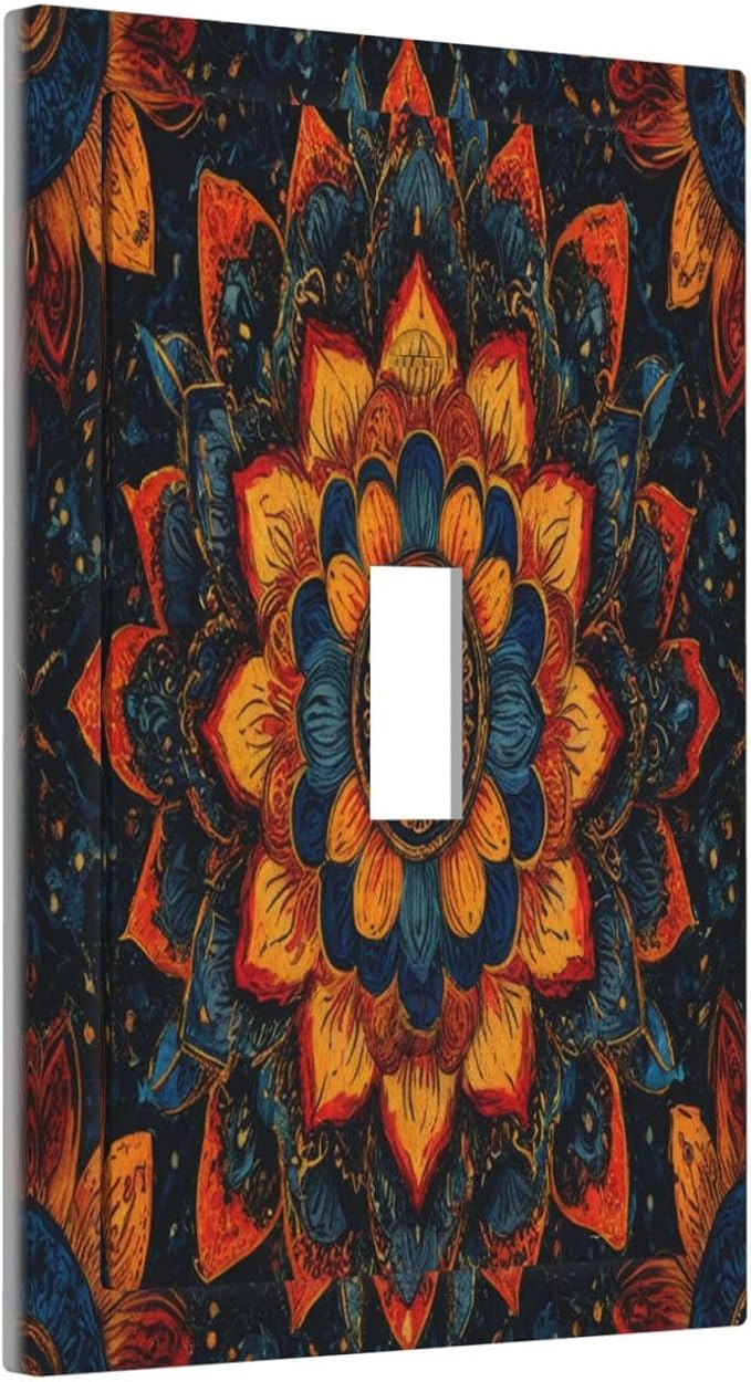 Colorful Oriental Floral Blooming Mandala Flower Single Toggle Light Switch Covers Decorative 1 Gang Wall Plate Electrical Device Switchplate Dimmer Faceplate for Bathroom Decor