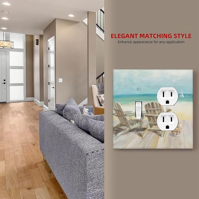Decorative Light Switch Cover Plate Beach Chair Seascape Blue Ocean Modern Coastal 2 Gang Outlet Covers 1 Toggle 1 Duplex Wall Plate Decorate Electrical Switch Plate Covers for Bathroom Home