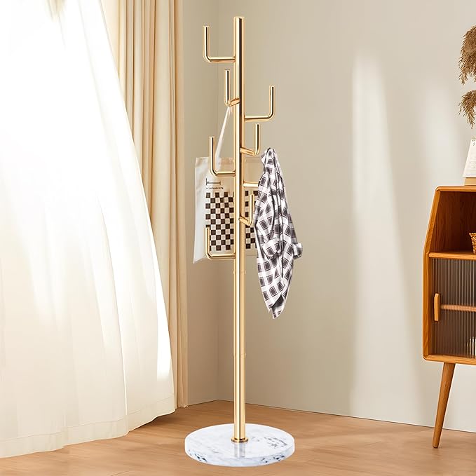 Modern Metal Coat Rack Stand with Natural Marble Base, Heavy Duty Coat Rack Freestanding with 8 Hooks, Golden Cactus Standing Coat Racks for Bag, Jacket, Entryway Office (Golden Cactus)
