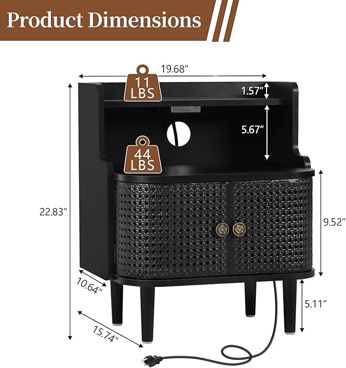 Metal Rattan End Table with Charging Station, Mid Century Modern Nightstand with 2 Doors, Bed Side Table with Storage for Couch,Living Room,Small Spaces, Sofa Side Table for Office,Dorm - Black