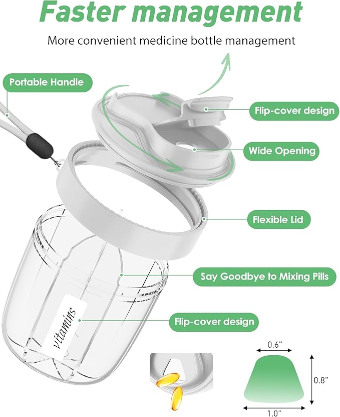 Pill Organizer,Pill Dispenser with 7 Large Compartments,Portable Pill Box for Travel, Anti-Mix Design & Wide Opening Design, Easy Access to Vitamin Dispenser, Includes 20 Blank Stickers（Grey）