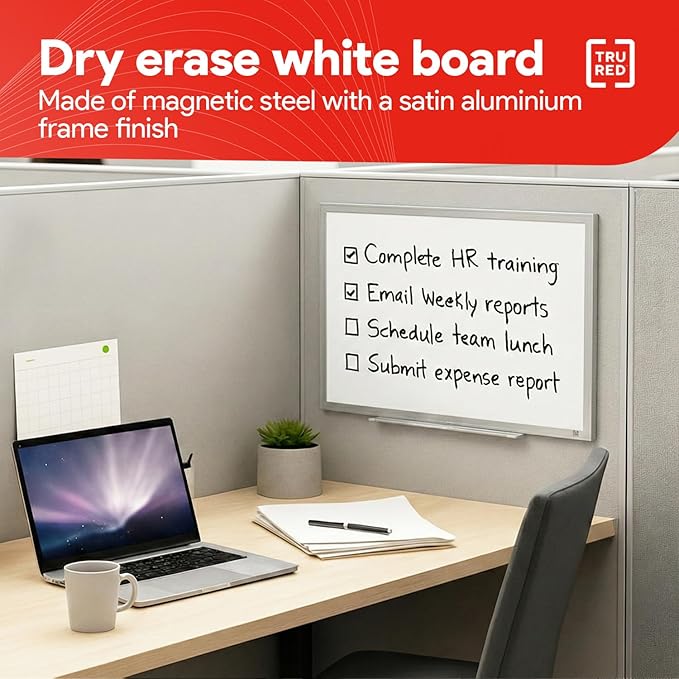 TRU RED Steel Magnetic Whiteboard | Dry Erase Board for Wall, White Board with Satin Frame, 2 ft x 2 ft