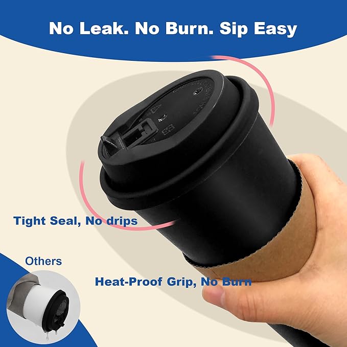 16 oz 100 Pack Coffee Cups with Lids and Sleeves, Straws, Hot Disposable To Go Travel Paper Cups Bulk for Office, Home Coffee Bar Accessories, Chocolate, Cocoa, Beverage (Black)