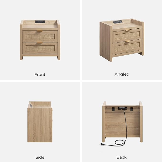 SICOTAS Rattan Nightstand Bedside Table - Night Stand with Type-C Charging Station, 2 Drawers Storage - Boho Night Stands End Table for Bedroom - Light Oak