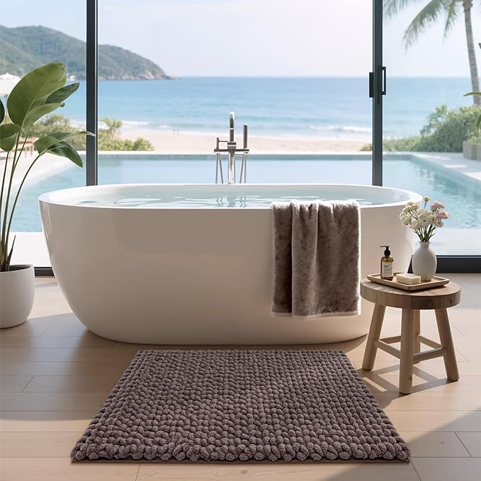LUMI Luxury Bathroom Rug, Ultra Soft Quick Dry Bath Mat, Non-Slip Absorbent Thick Chenille Bath Rug, Cozy Braid Design Floor Mat for Bathtub, Sink, Laundry, Bedroom, Brown, 17"x30"